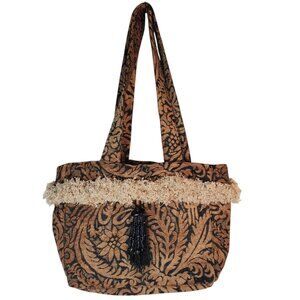 Tan and Black Floral Print Shoulder Bag with Fringe and Tassel